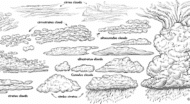 A black and white drawing of different types of clouds.