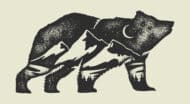 A black and white illustration of a bear with mountains in the background.