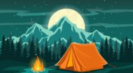 A tent with a campfire in the mountains at night.
