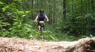 A person riding a mountain bike through the woods.