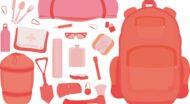 An illustration of a backpack with various items.