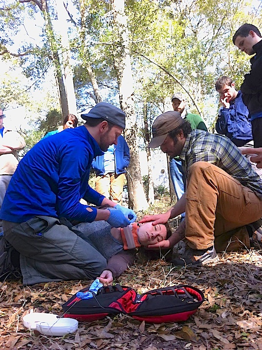 A group of people laying on the ground in the woods.