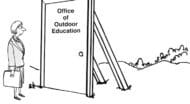 A cartoon of a woman standing in front of a door that says office of outdoor education.