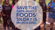 A group of people hiking with the text save the date whole foods 5 % foods is march 3rd.
