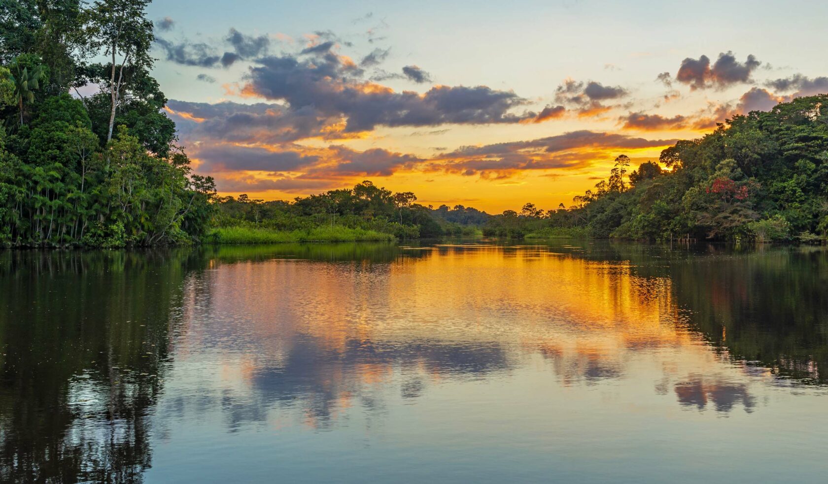 Reflection of a sunset by a lagoon inside the Amazon Rainforest Basin.
