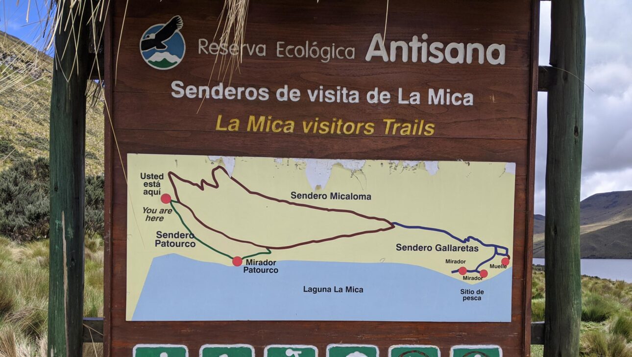 A map and sign for the Antisana ecological reserve.