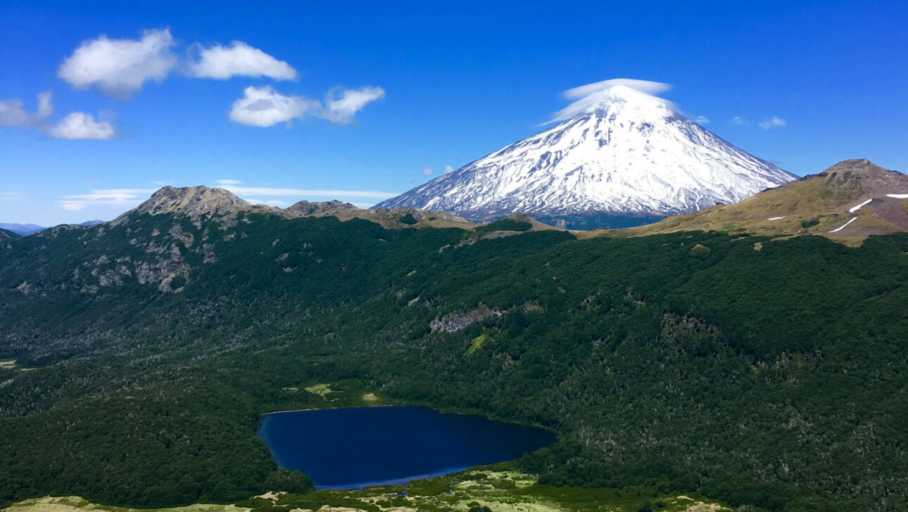 An aerial view of a landscape in Patagonia, including a body of water, forests, and a snowcapped mountain.