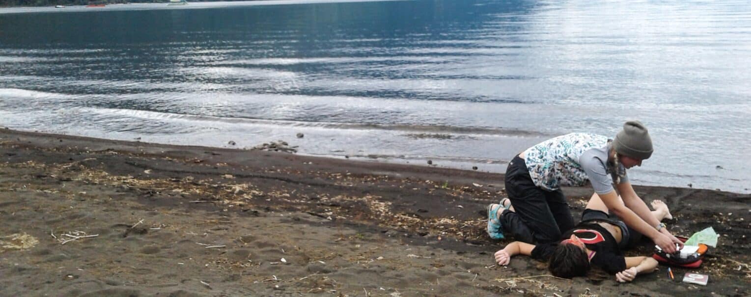 A person treating a injured person on a lake shore.