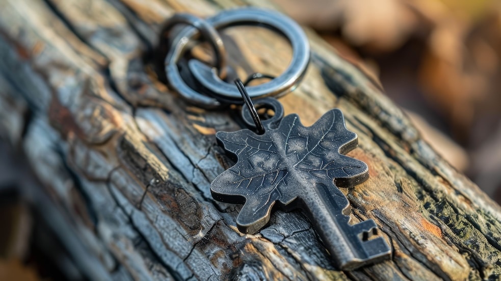 Maple leaf key attached to a tree branch via key hook