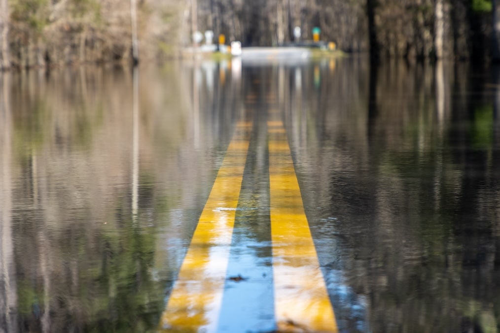 Flooded road in North Carolina after Hurricane Helene